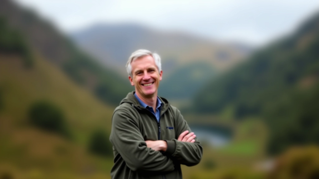 Experienced hiking guide leading a group of retirees through a scenic mountain valley path, all wearing comfortable walking gear and smiling