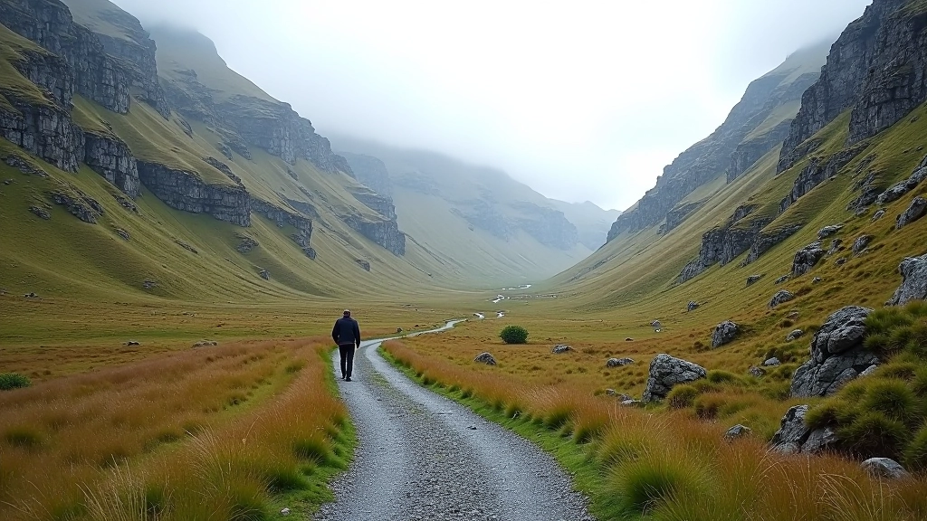 Gap of Dunloe mountain pass in County Kerry, showing the dramatic rocky terrain and valley pathway
