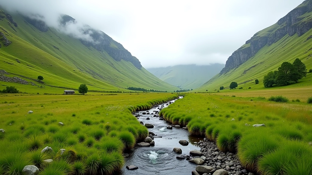 Glenmalure Valley scenic mountain landscape with green slopes and stream