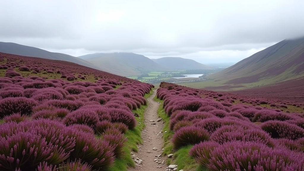 Mountain trail ascending through heather moorland with distant valley views