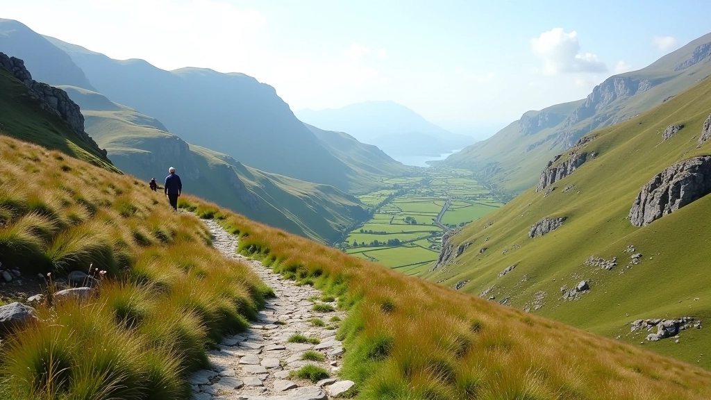 Mountain trail showing moderate, even gradient with switchbacks visible in distance, demonstrating manageable slope for senior walkers