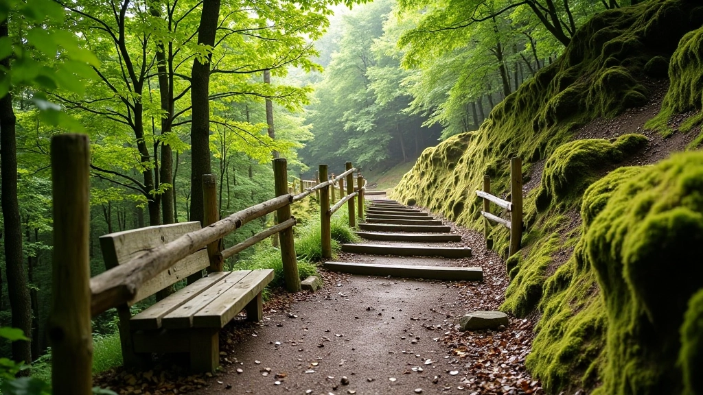 Mountain trail with sturdy wooden handrails and rest benches placed at regular intervals along the path