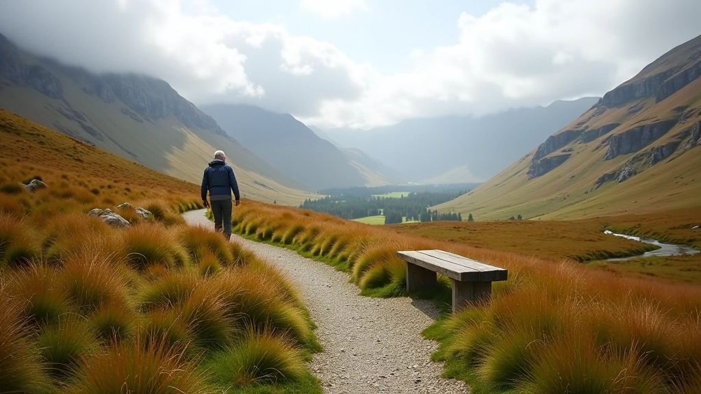 Hiking trail through valley with clear pathway, wooden benches visible in distance, mountain views, older walker resting comfortably