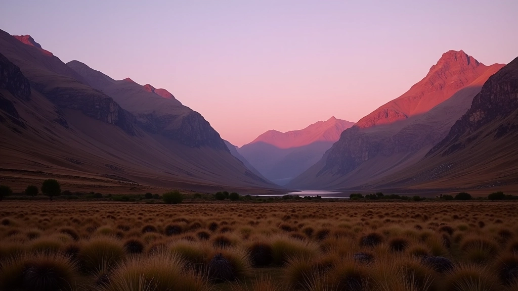 Mountain valley at sunset with purple-tinted quartzite peaks, golden evening light casting long shadows across moorland
