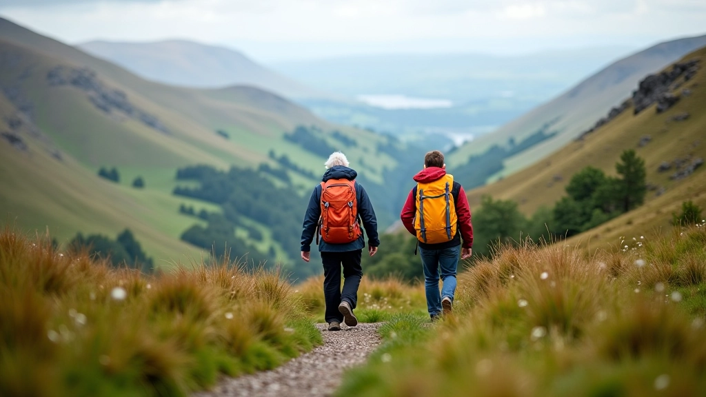 Senior hikers walking on a well-maintained mountain trail with clear views of the valley below, demonstrating accessible walking paths for older adults in Ireland